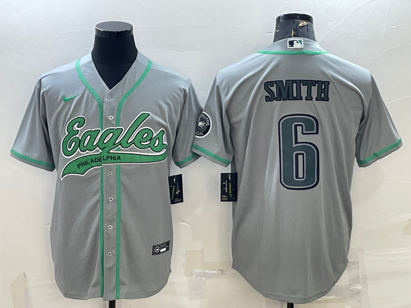 Men's Philadelphia Eagles #6 DeVonta Smith Gray With Patch Cool Base Stitched Baseball Jersey